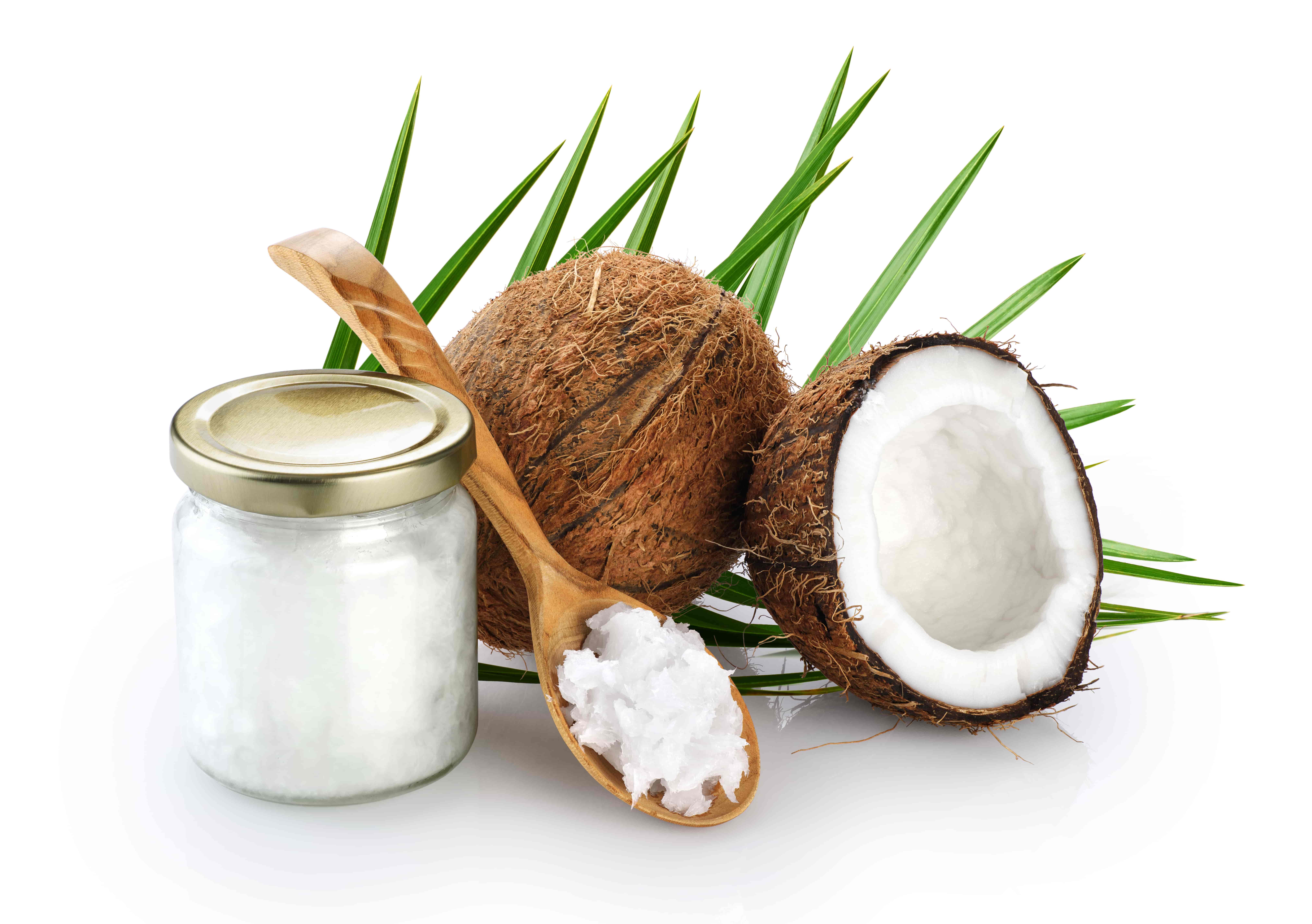 Olej kokosowy na łyżce i w słoiku